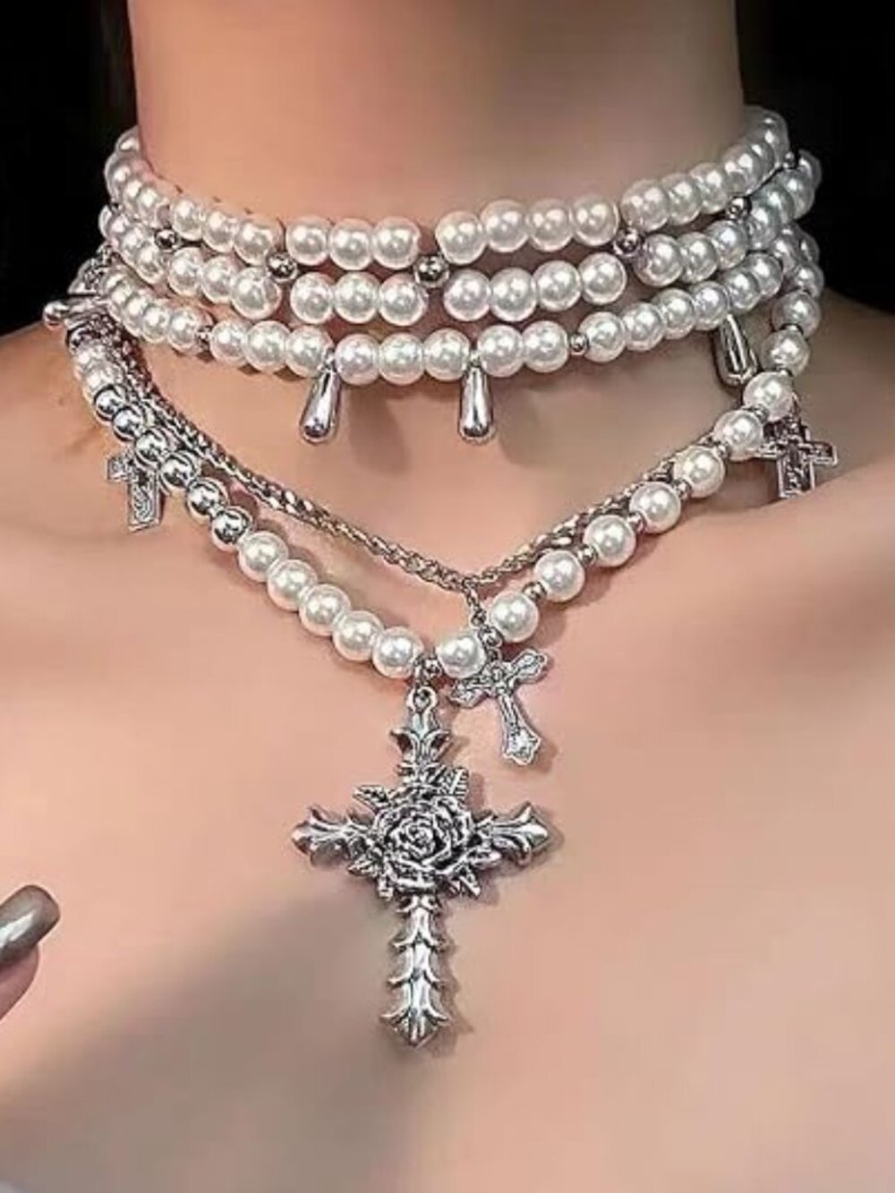9 Piece Layered Pearl Cross Necklace Choker and Hoop Earrings Jewelry Set - Picture 4 of 7